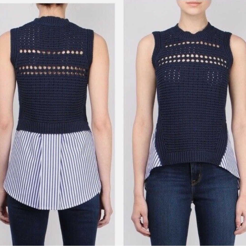 Veronica Beard Par Combo Sweater Crochet Knit Vest with Shirt Tail Blue White XS